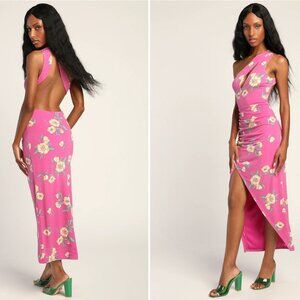 NWT - Lulus So Vibrant Magenta Floral Print One-Shoulder Cutout Midi Dress